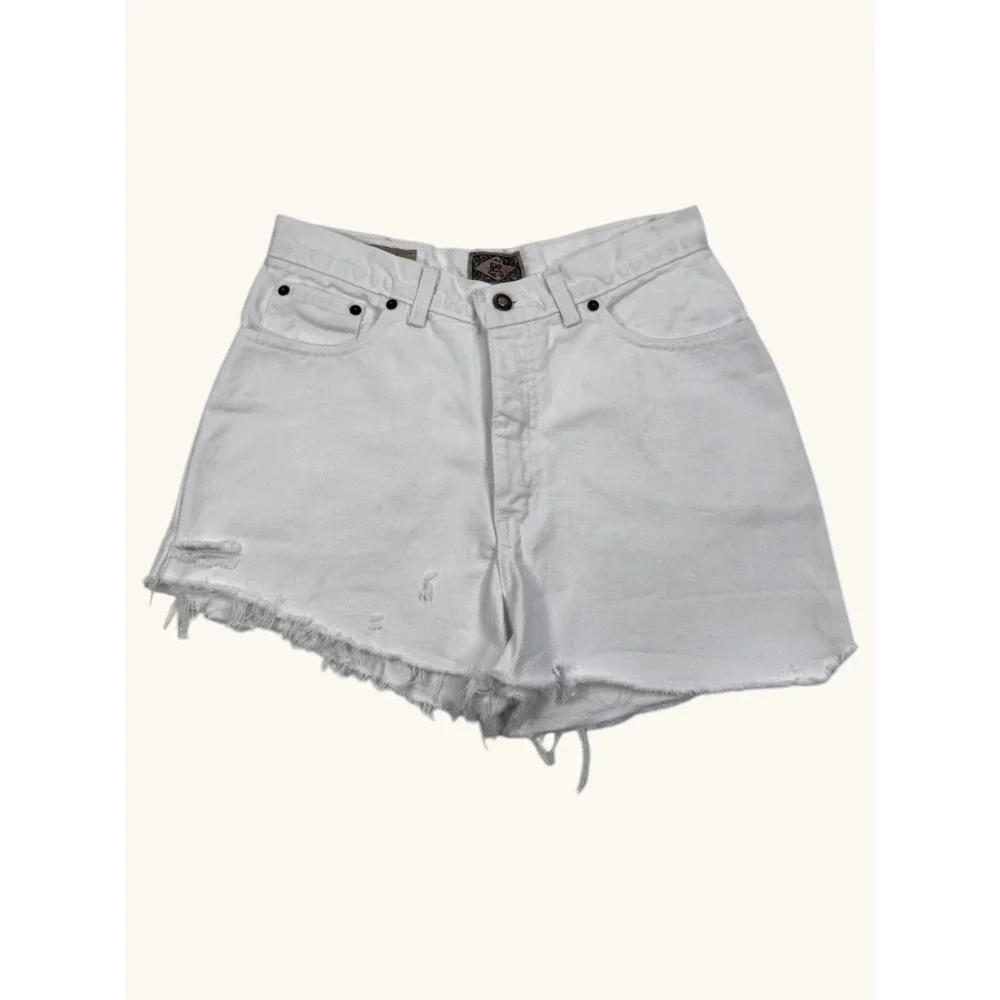 Vintage EXP Jeans Express White Denim Shorts High Waist Distressed Cut Off Sz 11